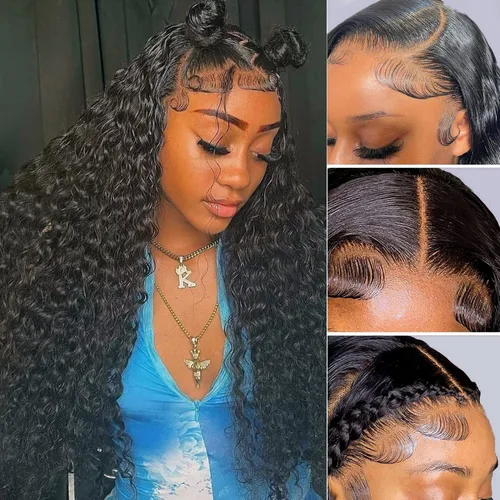 Vista 15 de Pelucas de encaje frontal sin pegamento con onda de agua para mujer, cabello humano 180 de densidad, cabello virgen brasileño sin procesar