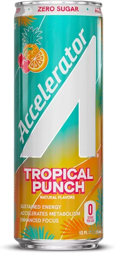 Vista 2 de Bebida energética Accelerator, ponche tropical, lata de 12 onzas (paquete de 12), sin azúcar, energía sostenida de cafeína 100% natural