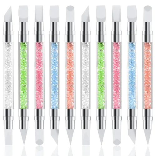 Vista 8 de 10 bolígrafos de uñas de gel para tallar uñas acrílicas, mango de diamantes de imitación, pinceles de silicona de doble punta para diseño de láminas