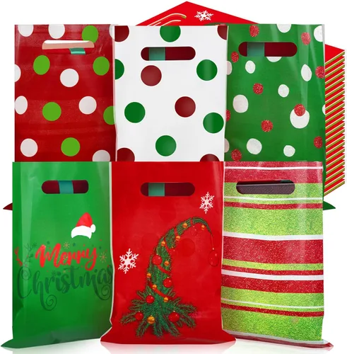 Vista 14 de Sinmoe 200 bolsas de plástico de Navidad a granel, bolsa de regalo de mercancía de Navidad con asa de 9 x 12 pulgadas, reutilizable, bolsa