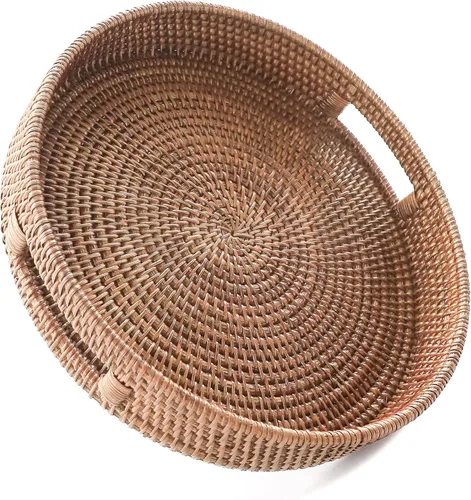 HITOMEN 11.8" Hand-Woven Round Rattan Serving Tray Decorative Wicker Trays with Handles for Coffee Table (Warm Brown-M)