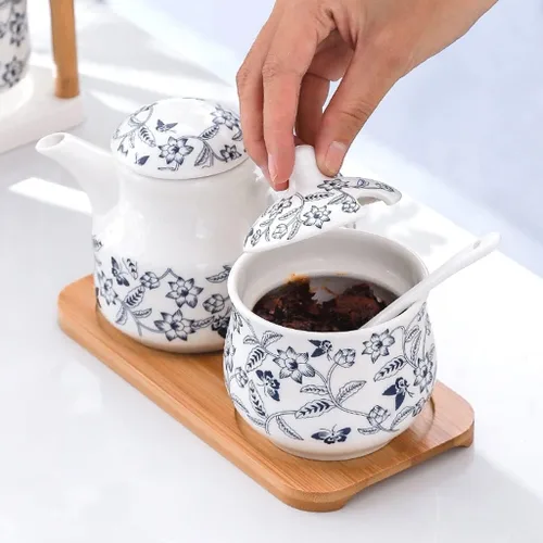 Vista 4 de Tarros de especias para condimentos, tarro de cerámica azul y blanco para restaurante con vinagre retro, tarro de chile, tarro de sal, salsa