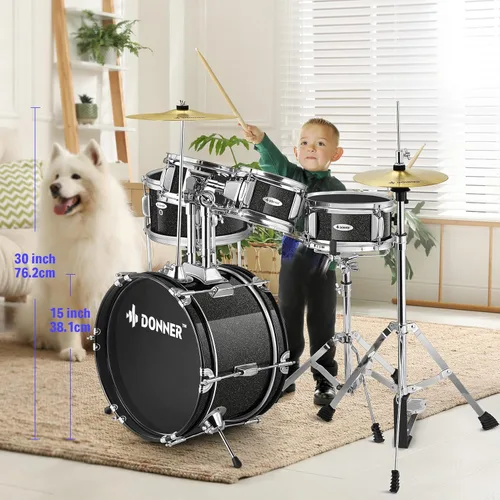 Vista 8 de Kid Drum Sets-Donner 5 piezas para principiantes, kit completo de batería junior de 14 pulgadas con trono ajustable, platillo, Hi-Hat, pedal