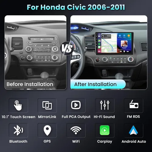 Vista 3 de Podofo Radio para Honda Civic 2006 2007 2008 2009 2010 2011 Estéreo de Coche con CarPlay Inalámbrico Android Auto, Pantalla Táctil de 10.1 Pulgadas
