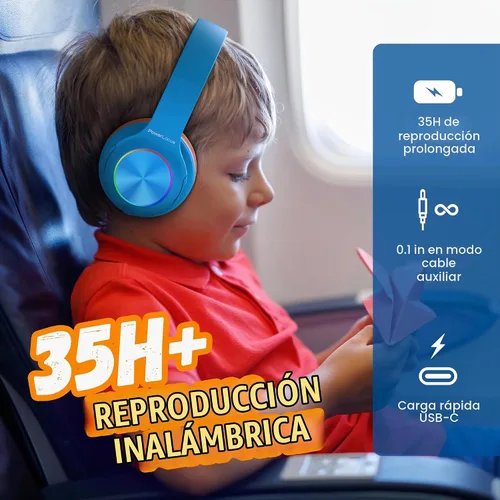 Vista 4 de PowerLocus PLED Auriculares Bluetooth para Niños, Auriculares Inalámbricos para Niños con Luces LED, Volumen Seguro de 74/85/94dB, Micro SD, Cable
