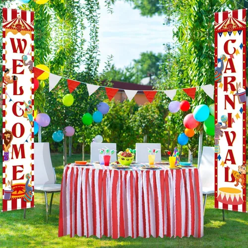 Vista 7 de Blulu 2 piezas de decoración de carnaval para porche, pancarta de bienvenida al circo para puerta de Halloween, carnaval, decoración colgante