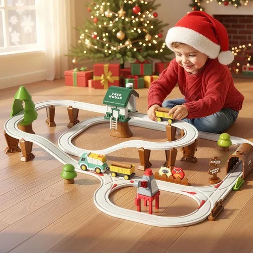 Vista 8 de iPlay, iLearn 62PCS Kids Construction Track Toy Train Set, Electric Motorized Magnetic Truck Toy W/Tractor Crane, Forest Railway Engineering