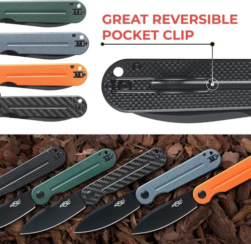 Vista 24 de Firebird Ganzo FH922PT-BK EDC Navaja de bolsillo plegable con filo de navaja, acero inoxidable D2, hoja negra, mango G10 con clip, cuchillo