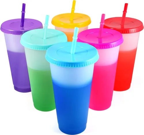 EASEVE Vasos que cambian de color con tapas y pajitas – Paquete de 6 vasos de plástico reutilizables de 24 onzas con tapas y pajitas para fiestas de