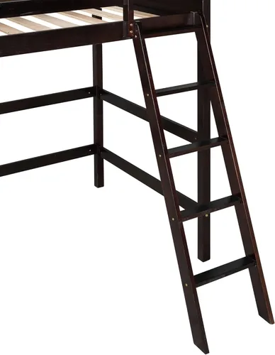 Vista 8 de ODC Cama alta individual con escalera angular, cama alta de madera maciza con barandilla de seguridad para adolescentes y adultos, cama alta