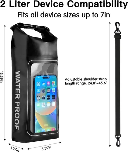 Vista 6 de Mochila seca impermeable de 2L con bolsa transparente integrada para teléfono para actividades al aire libre, color negro