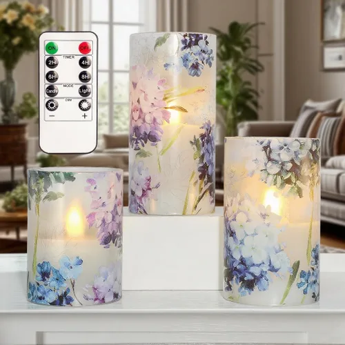Vista 2 de Velas sin llama LED con forma de hortensia azul y violeta, parpadean con control remoto, tema de amor, decoración temática de verano y primavera