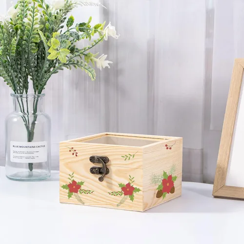 Vista 6 de 2 cajas pequeñas de madera con tapa con bisagras, caja de madera sin terminar con tapa de vidrio, pequeña caja de joyería de madera para regalo