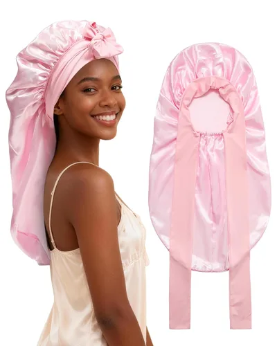 Vista 9 de AWAYTR Gorro largo de satén para trenzas, gorro elástico de seda para dormir, banda de amarre elástica para mujer (negro)