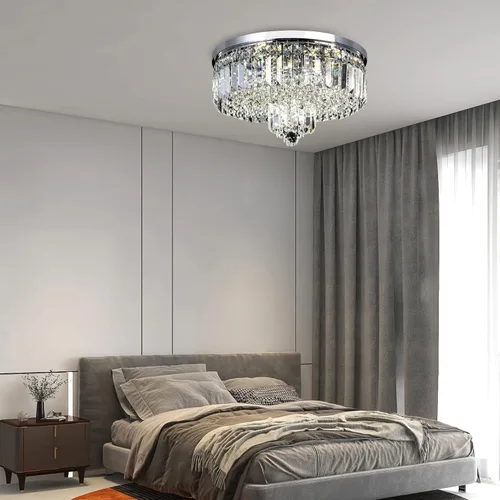 Vista 2 de Candelabros de cristal de montaje empotrado, 6 luces, lámpara redonda moderna K9, cerca del techo, accesorios para comedor, dormitorio, entrada