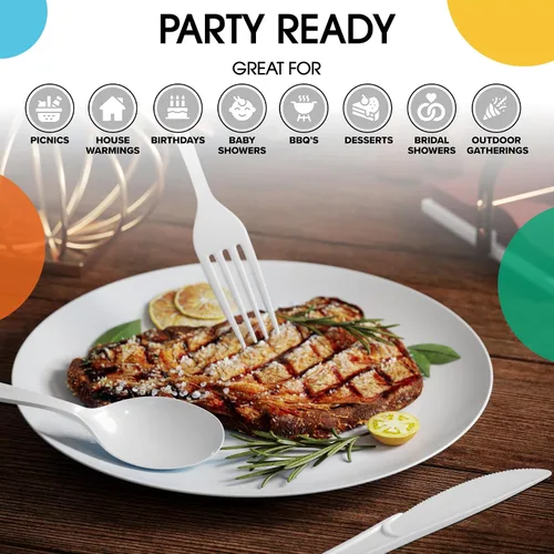Vista 6 de Party Solids Cubiertos de plástico blanco resistentes, 150 piezas desechables de color blanco, juego de utensilios de cocina, 50 de cada tenedor