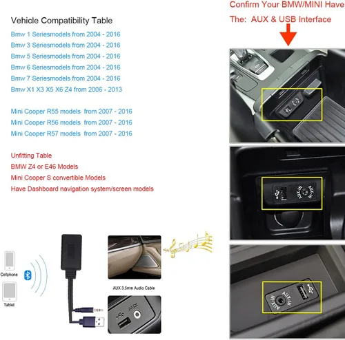Vista 5 de Yoper Compatibilidad con adaptador Bluetooth con BMW Mini Cooper Aux 3.5 teléfono celular Play HiFi Music