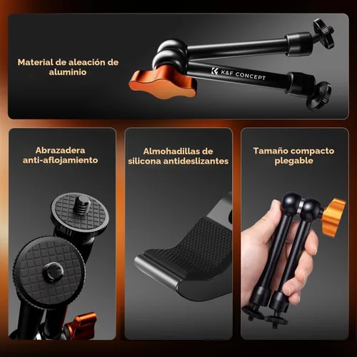 Vista 4 de K&F CONCEPT Kit de Abrazadera de Brazo Mágico de 9.8" con Tornillo de Rosca de 1/4" y 3/8", Cabezales Esféricos de 360°, Soporte de Cámara de Brazo