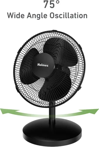 Vista 4 de HOLMES Ventilador de mesa de 12 pulgadas, oscilación de 75°, 3 velocidades, inclinación de cabeza ajustable de 15°, ideal para el hogar, dormitorio