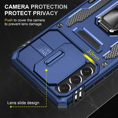 Vista 5 de Funda para Samsung Galaxy S21 FE 5G con cubierta para lente de cámara, protector de pantalla HD, soporte de anillo magnético probado contra caídas