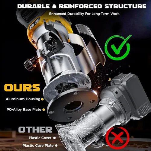 Vista 7 de DIYtoolifz Herramienta de enrutador inalámbrico compatible con batería DeWalt de 20 V (solo herramienta), enrutador de madera sin escobillas de 800