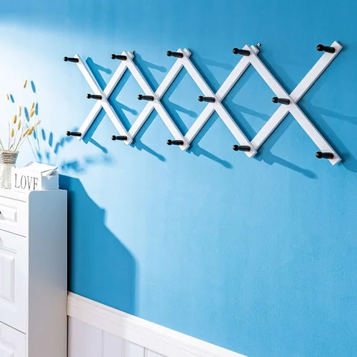 Vista 3 de SKOLOO Perchero de pared para sombreros con 14 ganchos, de madera maciza, moderno, perchero de pared expandible para abrigos, sombreros, bolsos