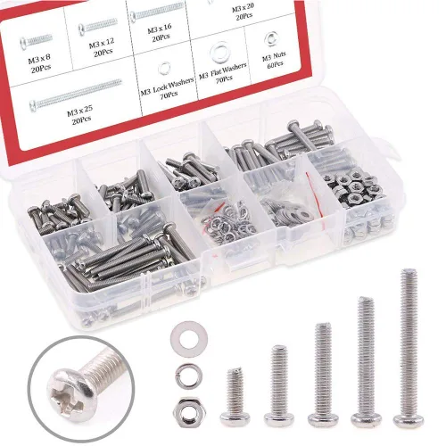 Vista 8 de Hilitchi Kit surtido de 300 piezas M2 Phillips de cabeza cacerola, tornillos de tuerca y cerradura de tuerca, arandelas planas, acero inoxidable 304