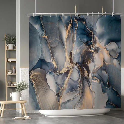 Vista 219 de Baocicco Cortina de ducha de mármol azul abstracto a rayas, decorativa, textura de lujo, línea moderna, decoración de acuarela, juego de cortinas
