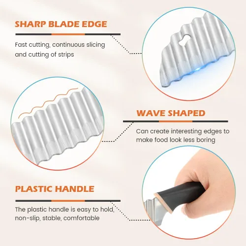 Vista 3 de Cuchillo de corte arrugado, mango de goma, cortador de papas fritas de acero inoxidable con soporte para cebolla, cuchillo para cortar ensalada
