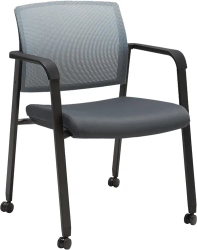 Vista 27 de CLATINA Silla de oficina apilable con ruedas, respaldo de malla, sillas de invitados con brazos, cómodo cojín de cuero, silla de escritorio apilable