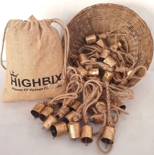 Vista 9 de HIGHBIX Campanas de vaca de metal de estaño rústico vintage de 1.6 in, hechas a mano, con cuerda de yute (30 unidades, cilindro)