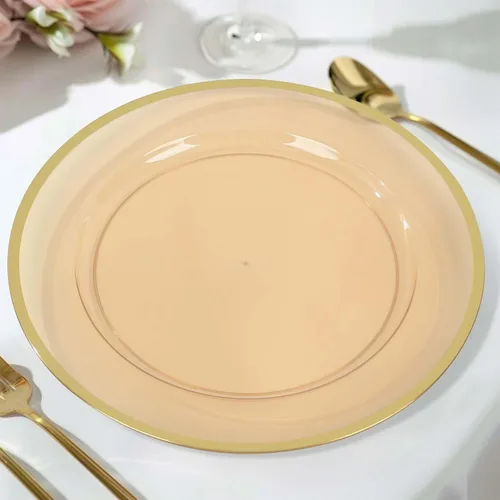 Efavormart - Paquete de 10 platos de plástico económicos color ámbar dorado con borde dorado, cargadores redondos transparentes para cena,