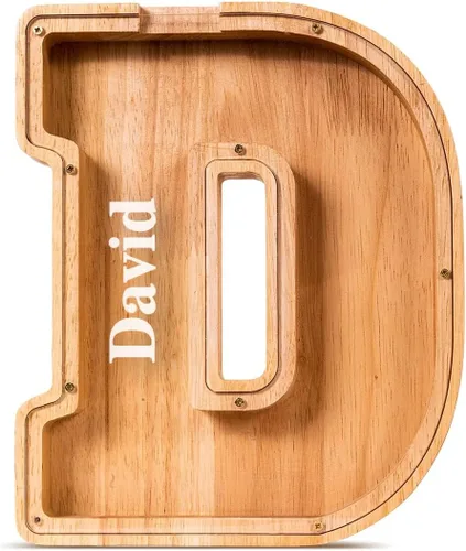 Vista 17 de SummiDate Alcancía de madera de letra para niños y niñas, Alfabeto, regalo de cumpleaños para niños (W)