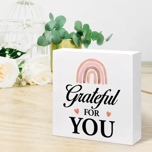 Vista 6 de z-crange Letrero inspirador de madera con texto en inglés "Grateful for You" para decoración de escritorio, caja de madera rústica bohemia con arco