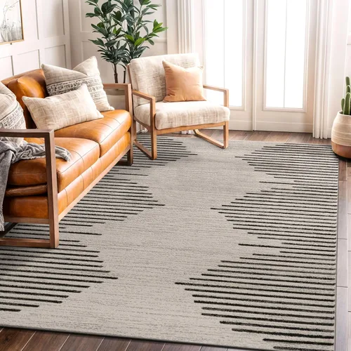 Vista 14 de Rugshop - Alfombra de pasillo bohemia con rayas resistente a manchas, para zonas de alto tráfico, como tu sala de estar, cocina, dormitorio, Beige