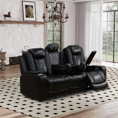 Vista 10 de Juego de sofá reclinable eléctrico para sala de estar, sofás reclinables de cuero blanco crema con puerto USB, sofá de cuero con sillón reclinable