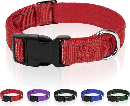 Collar reflectante para perro con acolchado de neopreno suave, collar de nailon ajustable para perros pequeños, rojo, S (5/8 pulgadas de ancho,
