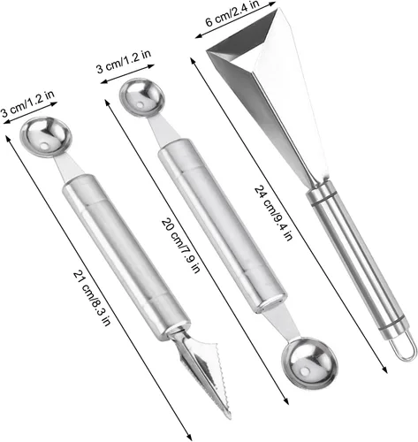 Vista 2 de Herramientas de tallado de frutas, cuchillo para tallar frutas, paquete de 3, herramientas de tallado de verduras de acero inoxidable, cuchara