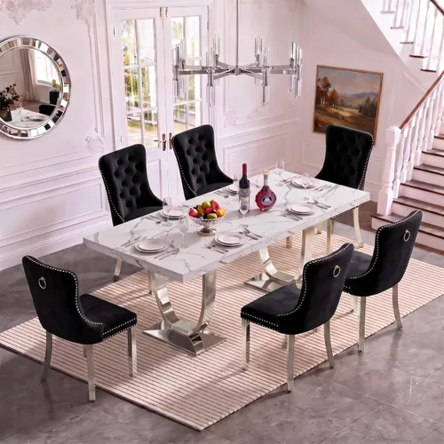 Vista 14 de Henf Mesa de comedor rectangular de mármol sintético blanco de 70 pulgadas Blanco & Oro