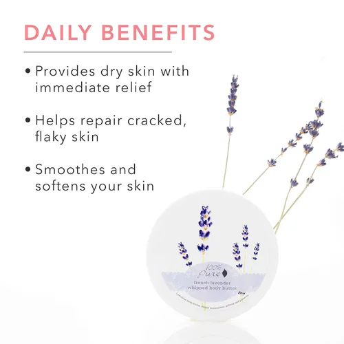 Vista 3 de 100% PURE Mantequilla corporal batida de lavanda francesa, loción corporal para piel seca, hecha con manteca de karité, manteca de cacao, crema