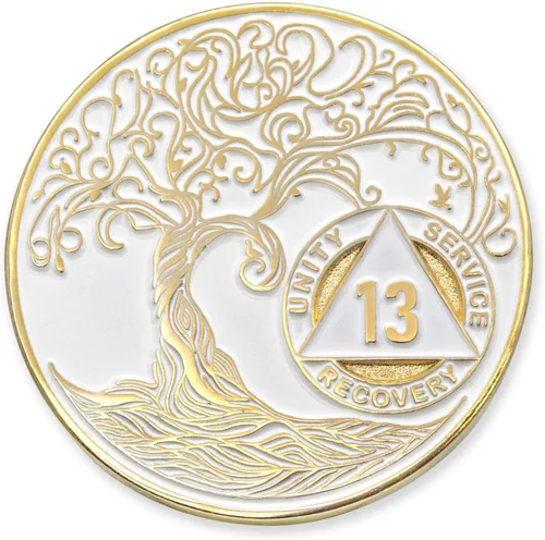 Vista 174 de 1 año Sobriety Mint Twisted Tree of Life Medallón de recuperación AA chapado en oro, chip/ficha - negro