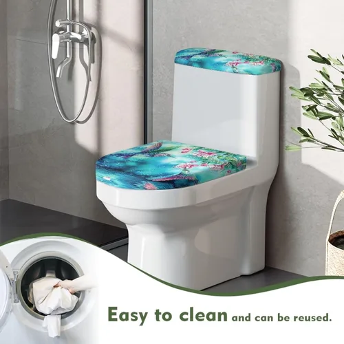 Vista 4 de Funda para tapa de inodoro con estampado de colibrí y cubierta para tanque de inodoro, súper suave, fundas de asiento para tapa de inodoro