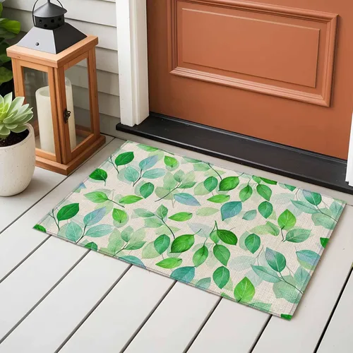 Vista 5 de 2x3 Door Mat, Green Leaves Non-Skid Rubber Backing Large Rectangle Rugs - Living Room Bedroom Home Office, Botanical Abstract Color Retro Plants