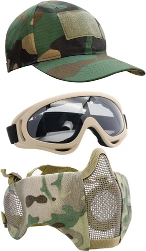 Vista 37 de Máscara de Airsoft con Gafas, Máscara de Malla Plegable de Media Cara con Protección para los Oídos para Paintball, Tiro, Cosplay, Juego CS