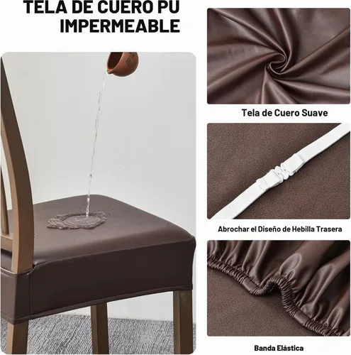 Vista 4 de FUANGUI Fundas para Silla de Comedor, Juego de 2, de PU de Cuero Elástico Resistente al Agua, Fundas Deslizables para Asiento de Silla Suave