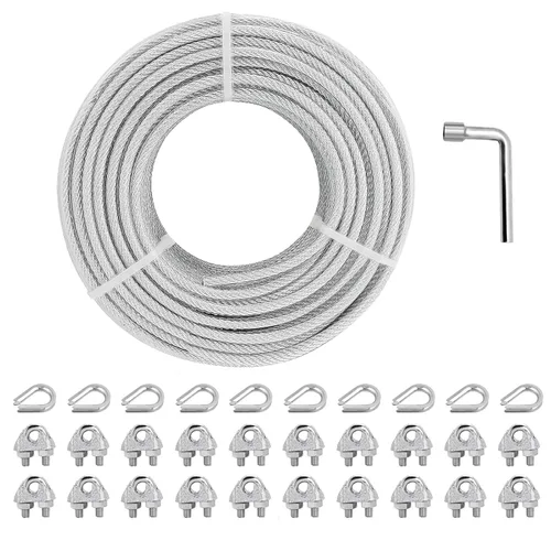 Kit de cuerda de alambre de 1/8 pulgadas, kit de tensor de alambre de guía de cable de acero recubierto de PVC de 100 pies con núcleo de 7 × 7 hilos