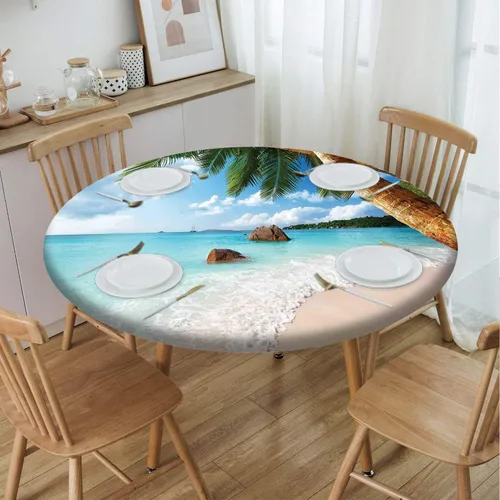 Vista 69 de Cubierta redonda con diseño de playa, borde elástico, picnic al aire libre, patio, fiesta o comedor interior, decoración de mesas de comedor, azul