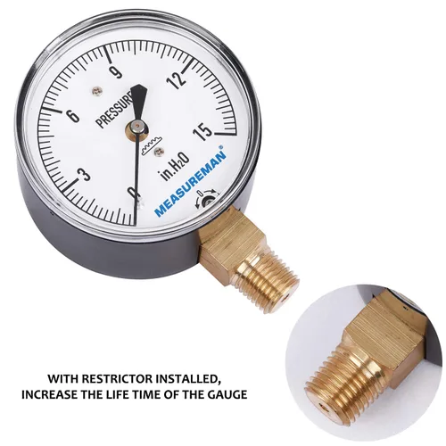 Vista 7 de MEASUREMAN - Medidor de presión tipo cápsula de diafragma, esfera de 2-1/2 pulgadas, montaje inferior de 1/4 pulg. NPT, ajustable, 0-15 in H2O