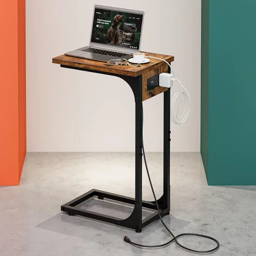 Vista 9 de Mesa auxiliar en forma de C para sofá, soporte de café pequeño, bandeja de sofá con marco de metal, parte superior de madera impermeable resistente