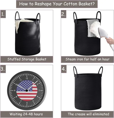 Vista 7 de Cesta de lavandería de 62L en negro con cuerda trenzada, cesta de almacenamiento para ropa y mantas, cesta alta y moderna para sala de estar